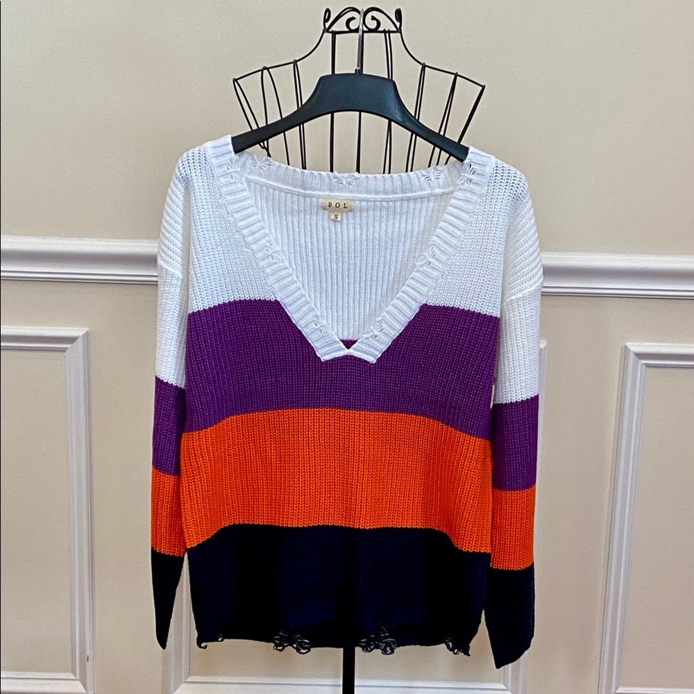 *Boutique Clearance* POL Colorblock Distressed Deep V Neck Sweater - Picture 2 of 8